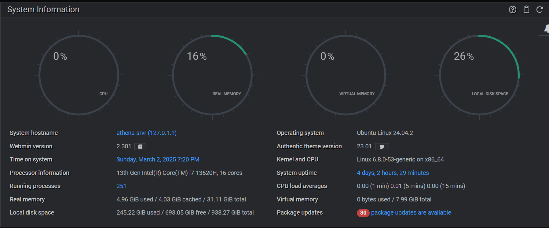 The Webmin dashboard shows a great deal of system information at a glance