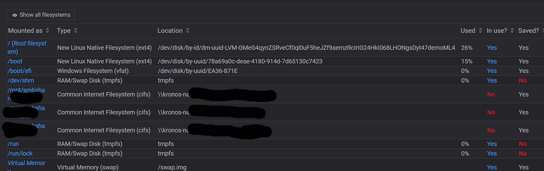 Here shares are disconnected because the server booted before the NAS was available