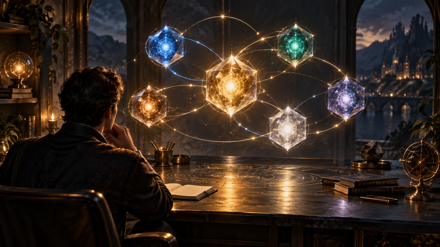 A human guide at a dark worktable watches connected gold, blue, and green lights, illustrating coordinated AI teamwork.