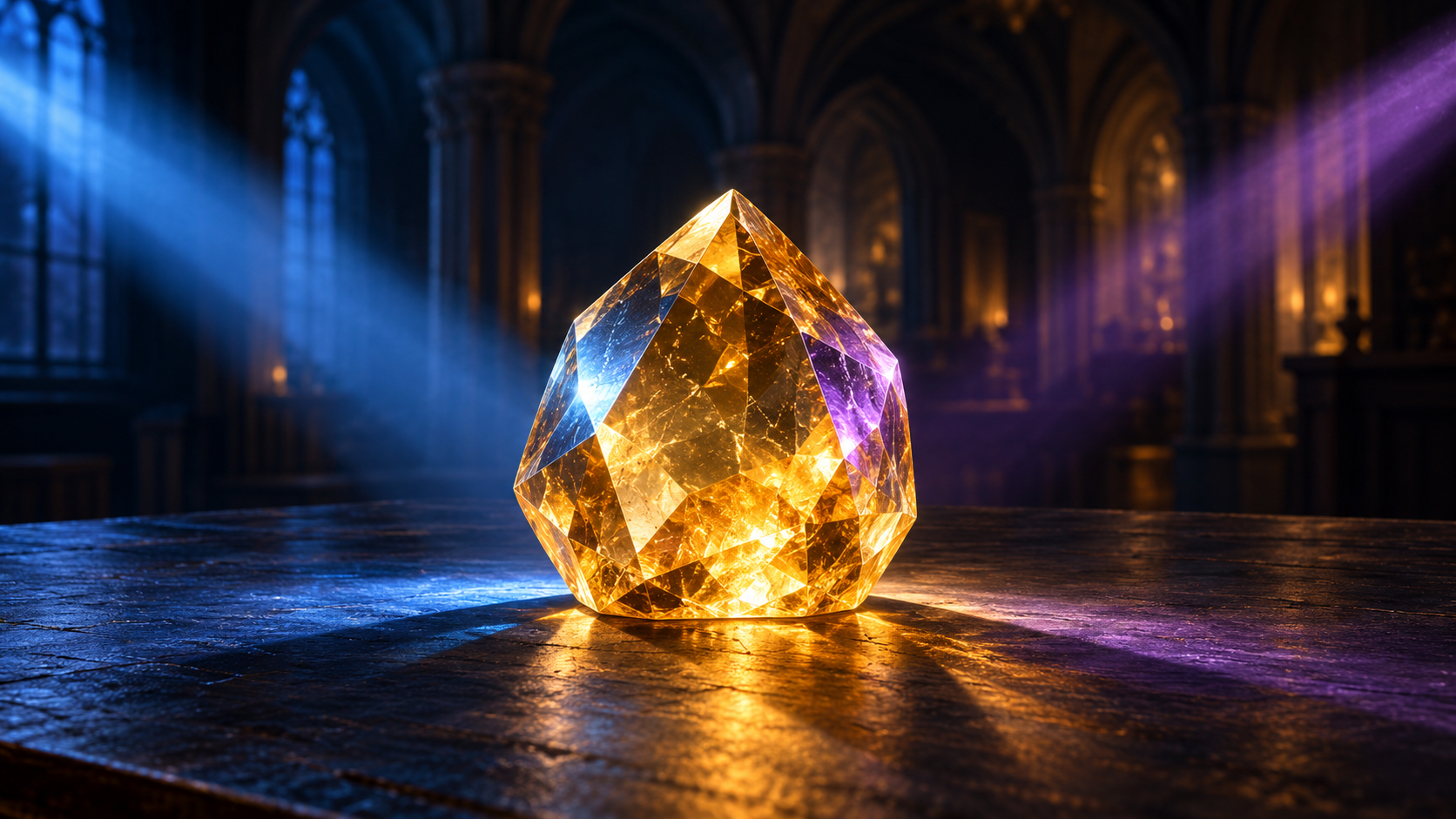 A gold crystal on a dark table examined by two separate lights, one sapphire and one amethyst, illustrating one AI model reviewing another's work.